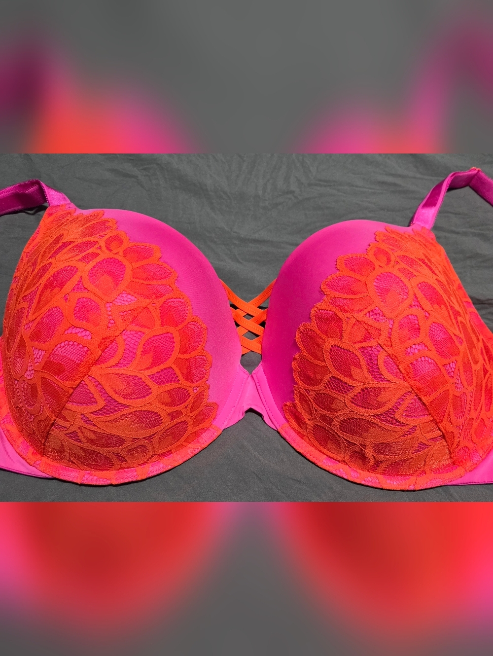 torrid Hot Pink Bra with Red Lace Accents XO Plunge Push-Up - Picture 3 of 7